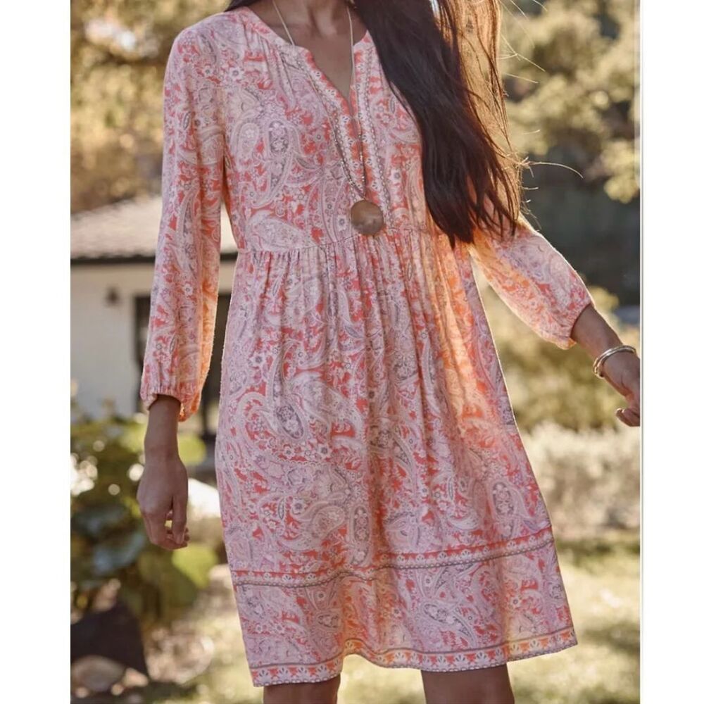 J Jill Coral Pink Paisley A-Line Peasant Dress Sz Small Lenzing Ecovero Viscose